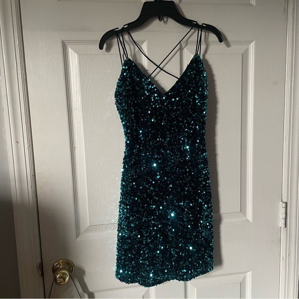 Teal Sequin Strappy Mini Dress